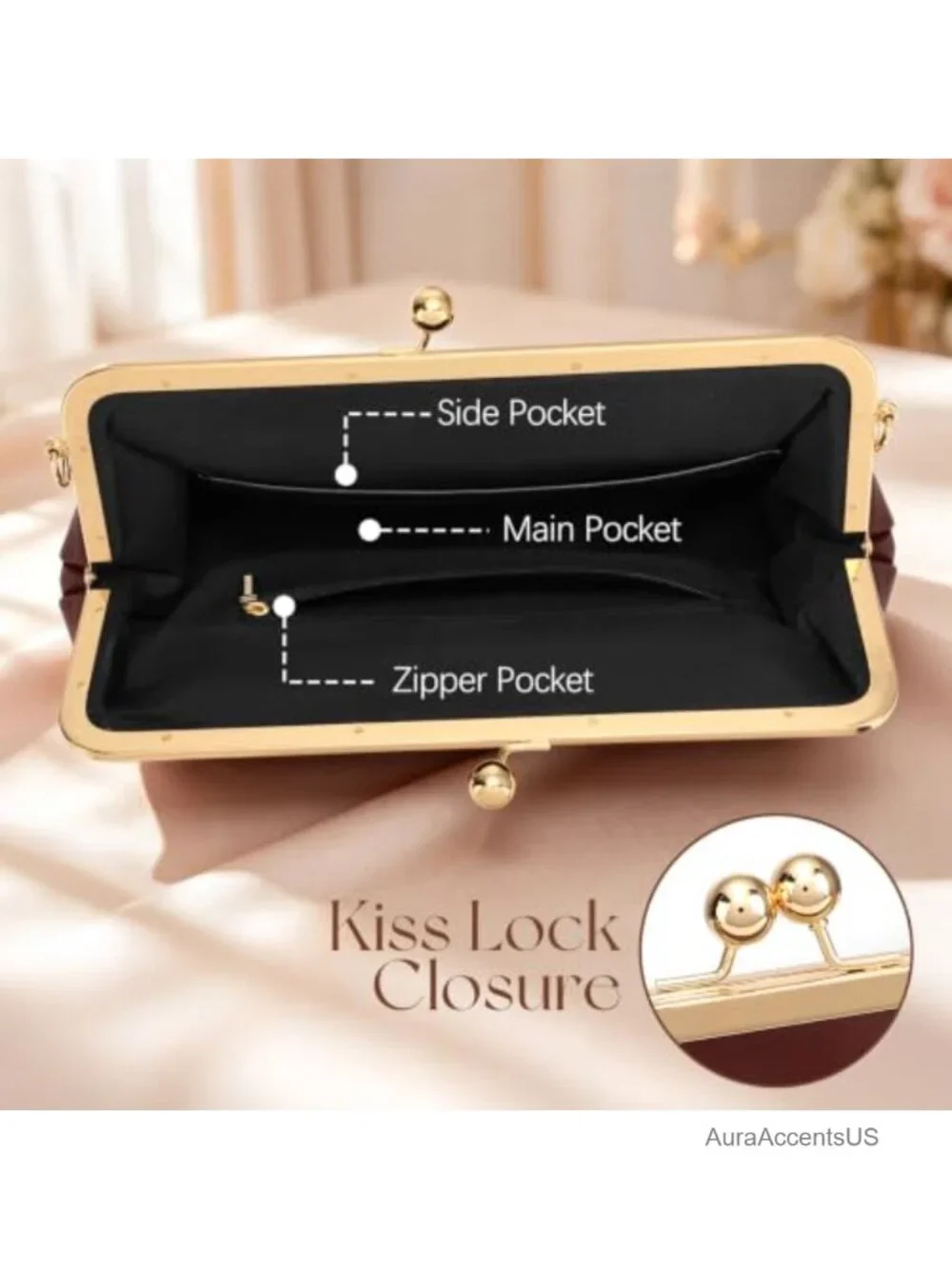 Women's Kiss Lock Evening Clutch Crossbody Bag PU Leather Gold Trim Handbag